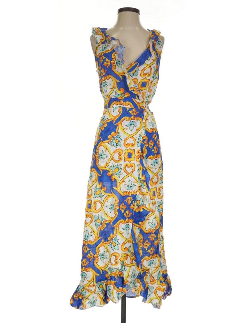 LUISA POSITANO Italy Linen Majolica Print Ruffle Wrap Maxi Dress Blue Yellow S